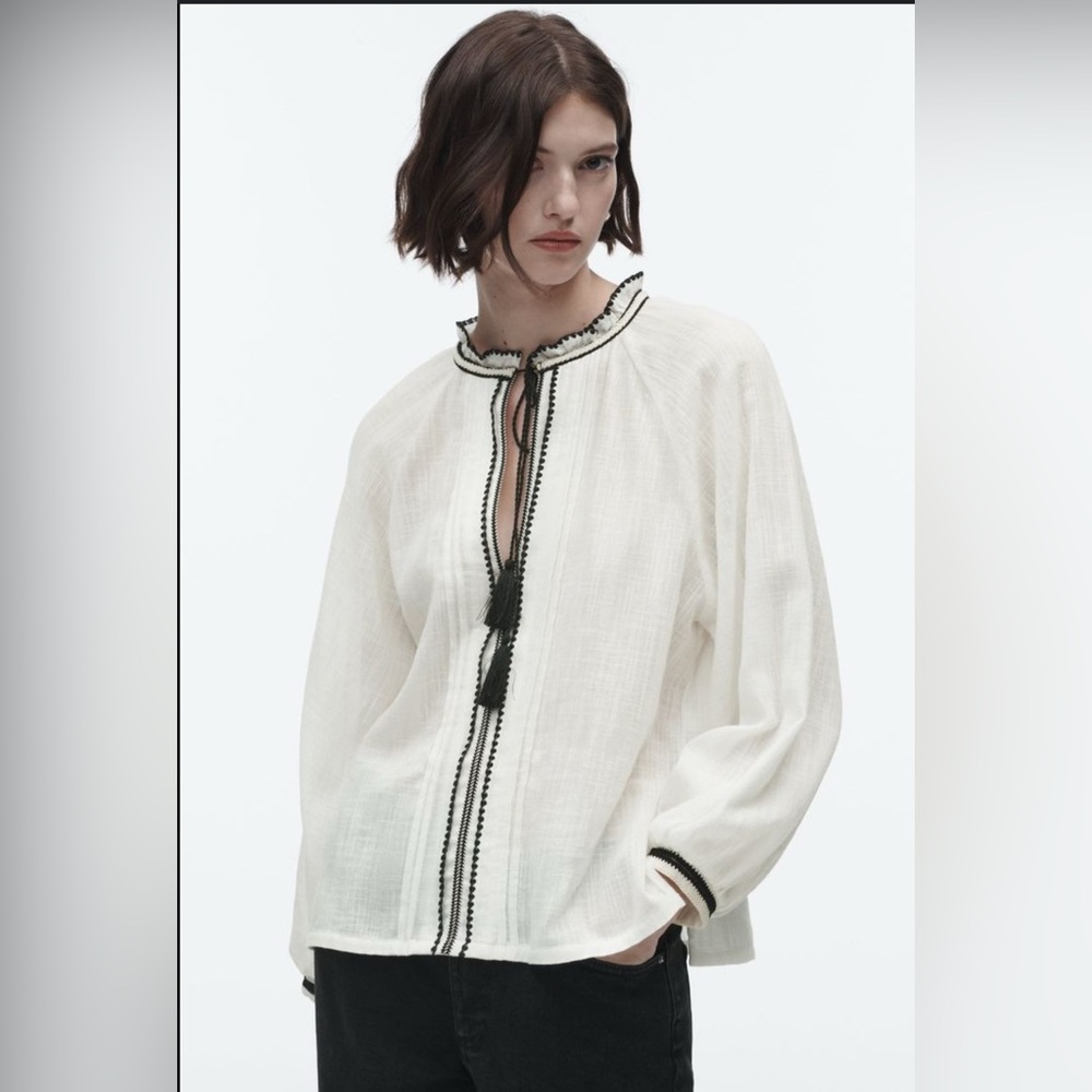 Zara White Gauze Blouse with Black Trim and embroidered trim